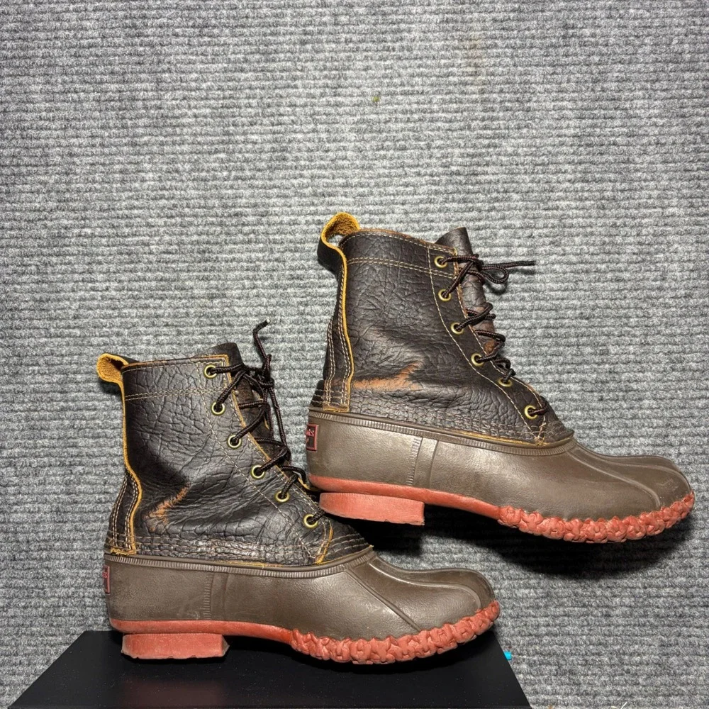 LL Bean Bison Leather Duck Boots Womens 7M Brown Red Sole 8 Inch Made in USA